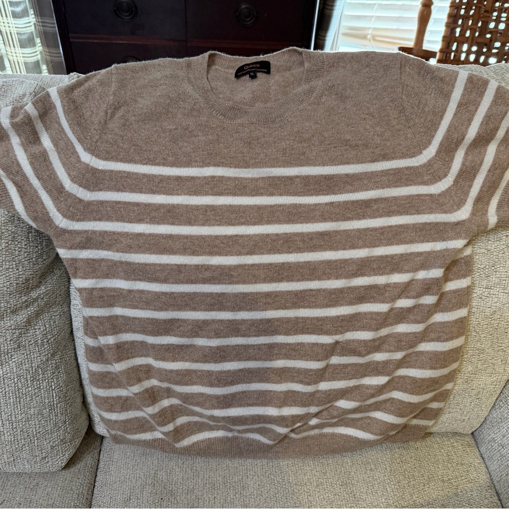 Quince Cashmere Sweater T Shirt Tan White Stripe